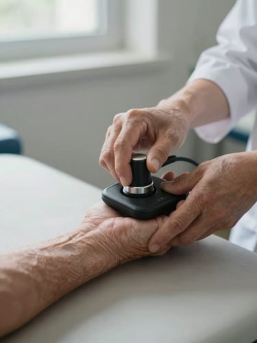 Close-up of a clinician's hands applying a grip-strength dynamometer to an older patient's right hand resting on a clinical table, soft natural window light from the upper left, the patient's forearm and wrist in sharp focus, the clinician's sleeve slightly blurred in the background