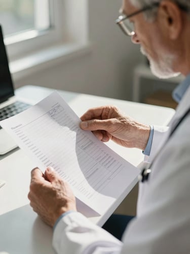 Close-up portrait frame, geriatrician seated at a desk reviewing a printed medication list, soft natural window light falling across the pages and the physician's hands, warm directional glow, shallow depth of field, clinical setting with human presence
