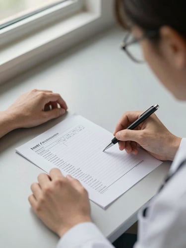 Overhead close-up framing, warm natural window light from the upper left, clinician's hands holding a printed medication list on a consultation desk, pen marking specific entries, a patient's forearm visible at the edge of the frame indicating an active clinical discussion, neutral clinical surface