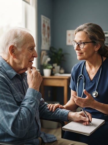 Warm clinical editorial portrait of an experienced doctor listening to an elderly patient, soft natural window light, clean muted slate blues, shallow depth of field