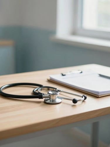 Warm sunlit clinic interior, a clean wooden desk with a stethoscope and medical journal, soft natural light coming through a window, shallow depth of field