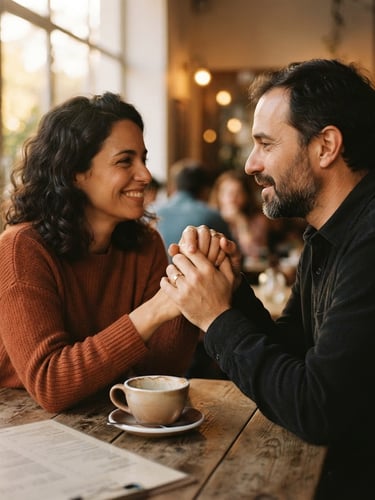 Casal em conversa íntima e genuína, mãos entrelaçadas sobre uma mesa de café, luz suave de fim de tarde entrando pela janela, tons quentes e profundos, foco nas mãos e expressões, profundidade de campo rasa, estilo fotográfico editorial.