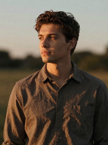 Portrait of an individual looking thoughtful and confident, standing in a natural environment during soft golden-hour light, shallow depth of field, rich muted tones, 35mm film look.