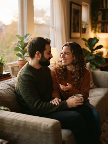 Casal em conversa autêntica e íntima, sentados próximos um do outro, com luz suave de fim de tarde entrando por uma janela, em um ambiente acolhedor, tons quentes, shallow depth of field, 35mm film look.
