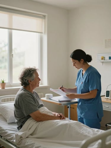 Wide environmental shot from inside a working care room, a healthcare support worker in uniform reviewing a resident's care notes at a bedside table, natural daylight from a window to the left, documentary-style framing, no faces directly at camera, warm interior tones against clinical white surfaces