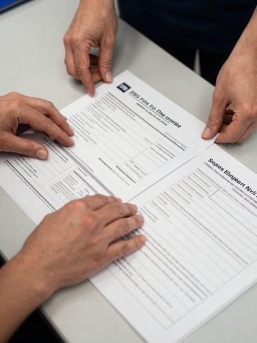 Close-up documentary frame — a care worker's hands laying out a compliance folder on a desk: DBS certificate, training record sheets, and a signed right-to-work form arranged in order under clean overhead light, no faces in frame, clinical precision in the composition