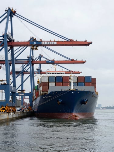 A high-contrast wide shot of a deepwater container terminal under an overcast maritime sky, massive container vessel docked, steel cranes framing the shot.