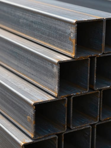 Extreme close-up of heavy raw metal steel billets stacked in a warehouse, high-contrast industrial daylight reflecting off brushed steel textures