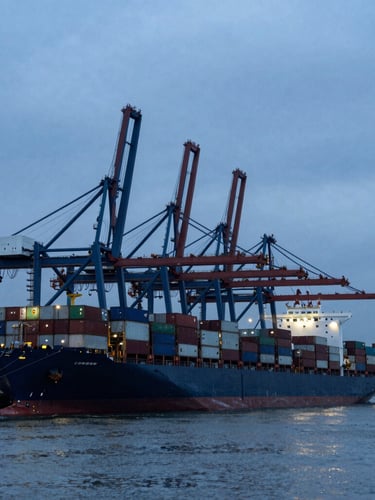 High-contrast wide-angle view of a deepwater container terminal at dawn, massive container ships docked, heavy gantry cranes silhouetted against an overcast steel-blue sky.