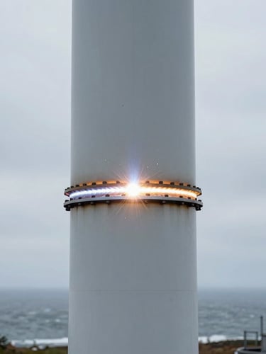 Extreme close-up of heavy machinery welds on a massive steel wind turbine tower section, overcast maritime sky in background.