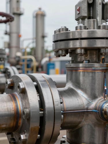Extreme close-up of industrial steel valves, heavy machinery welds, and high-pressure pipes at a modern chemical processing plant, cool overcast light reflecting on brushed metal.