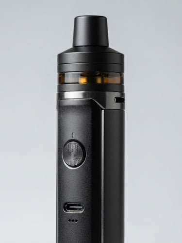 Macro close-up of a sleek metallic vape device with matte black finish, crisp studio lighting, sharp defined shadows, minimalist light gray background