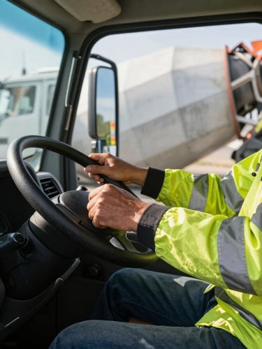 Tight tactile close-up of a driver's hands in high-visibility gear on a clean steering wheel inside a modern concrete mixer truck cab, bright morning sunlight
