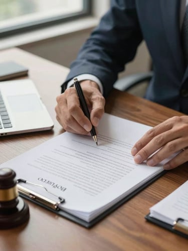 Close-up of a lawyer's hands reviewing a legal contract on a wooden desk, official documents and a notarial seal visible, north-facing window light casting soft shadows, Pontianak office setting