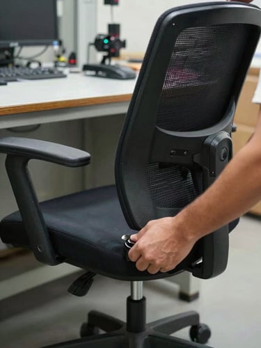 Close-up of hands adjusting the lumbar support mechanism of an office chair on an assembly bench, industrial workshop in CDMX, flat north-facing daylight, steel components and dark upholstery visible, no people's faces, communicates precision manufacturing process