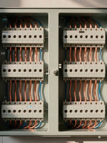 Symmetrical straight-on shot of a perfectly organized modern breaker panel with clean copper wiring runs, warm natural daylight