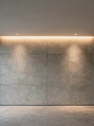 Symmetrical architectural shot of a modern Los Angeles home interior with integrated, warm, linear ceiling lighting illuminating a clean concrete wall.