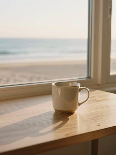A bright, sun-drenched airy coastal workspace with a clean light wood desk, a warm ceramic mug near a window overlooking a calm ocean at dawn, soft golden hour light, 35mm.