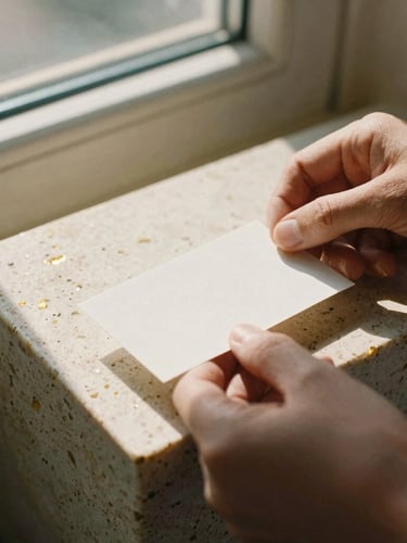 Hands of an artisan arranging thick cotton paper business cards on a travertine stone block, soft side-lit window light casting long shadows, warm gold accents, shallow depth of field, 35mm photography
