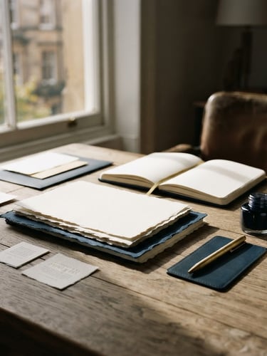 A minimalist design workspace with soft side-lit window light casting high-contrast shadows on textured paper mockups, deep navy accents, 35mm photography.