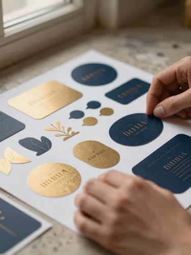 Tight macro shot of hands carefully arranging tactile paper mockups and custom brand assets on a rough stone surface, soft side-lit window light, warm gold accents.