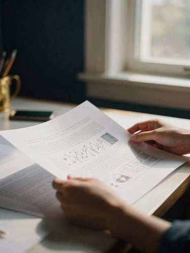 A high-contrast editorial portrait of a designer reviewing print proofs in a sunlit Winter Haven workspace, soft diffused side light, warm gold accents, 35mm