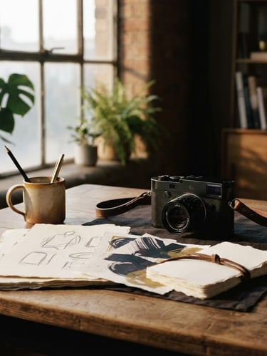 Warm editorial photography of a minimal creative studio desk, soft side-lit window light casting deep shadows, tactile paper mockups and a high-end camera, 35mm