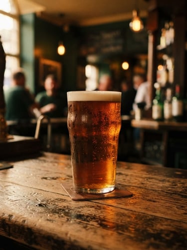 Close-up of a rustic wooden pub counter with a cold artisanal beer in a glass, warm amber lighting, cozy atmosphere, shallow depth of field