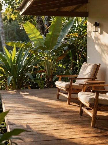 Sun-dappled wooden deck of the pousada surrounded by lush tropical plants, comfortable rustic chairs, soft morning light, warm editorial style.