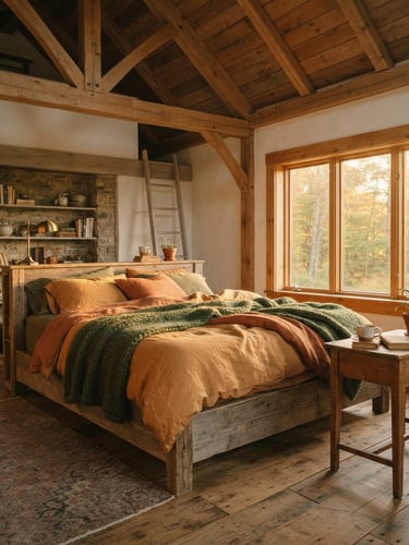 Cozy rustic bedroom interior with high ceilings, warm linen sheets on a comfortable bed, soft natural golden hour light streaming through a window.