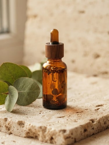 Close-up macro shot of organic eucalyptus leaves and amber oil in a small elegant glass bottle, resting on textured travertine stone, warm diffused morning window light, soft shadows, minimalist luxury photography.