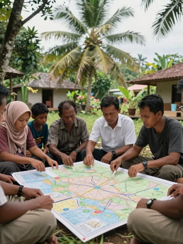 Wide environmental shot of a community workshop in Central Kalimantan, researchers and local villagers collaborating around a map under soft natural tropical daylight.