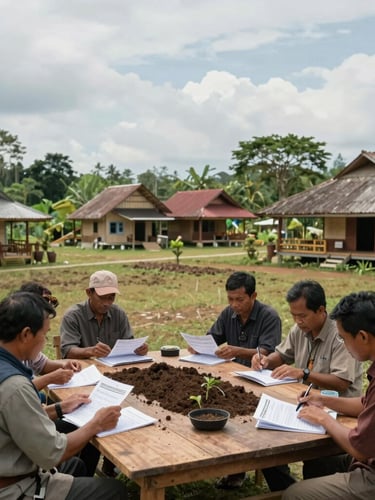 A wide-angle landscape of a village community center in Central Kalimantan, local farmers and researchers seated together around a wooden table analyzing soil reports under soft natural daylight.