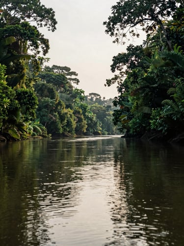 Wide environmental shot of a tropical river in Central Kalimantan, lush green rainforest on both banks under soft morning daylight, calm reflecting waters.