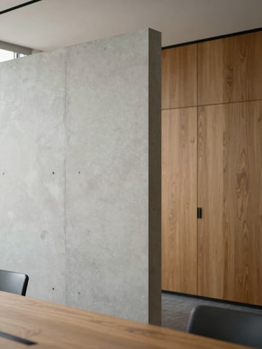 Tactile material study of smooth light grey concrete meeting warm oak wood panels inside a minimalist corporate boardroom, soft diffused overcast daylight