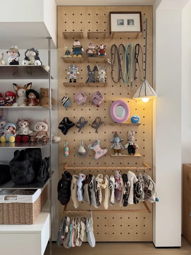 Pegboard pet storage wall with toys, accessories and baskets organized in a small home pet area.