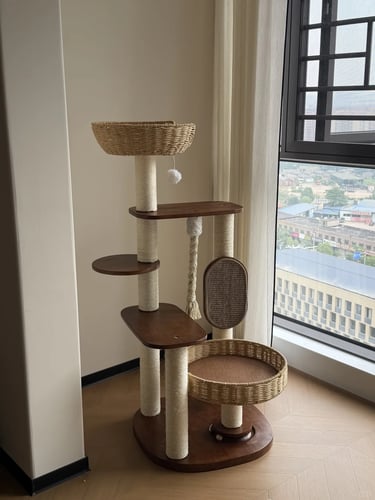 Compact window-side cat tree with wicker beds, scratching posts and wooden platforms designed for ve