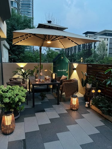 Comfortable garden retreat with outdoor seating, natural greenery, ambient lighting and cozy outdoor lifestyle inspiration.