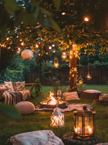Cozy garden seating area with lanterns, string lights, fire pit, and warm evening atmosphere.