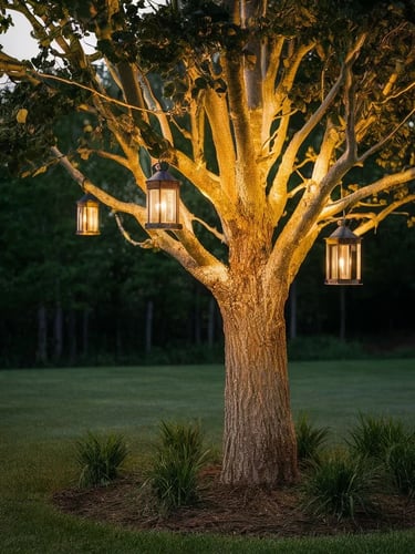 Outdoor lanterns hanging from a tree, creating soft warm lighting for an evening garden space.