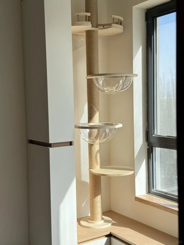 Renter-friendly vertical cat furniture beside a window, offering climbing platforms and resting spac