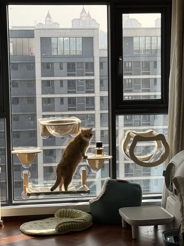 Cat using a window-side perch and small climbing furniture in a high-rise apartment with city views.