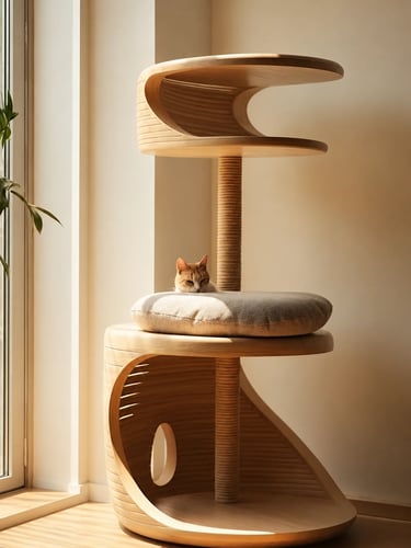 Wooden cat tree with sisal scratching post, soft cushion and cat resting near a sunlit window in a w
