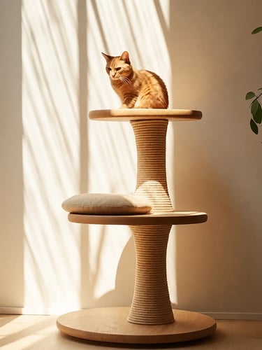 Minimal wooden cat tree with sisal scratching column and cat sitting on a platform in warm natural l