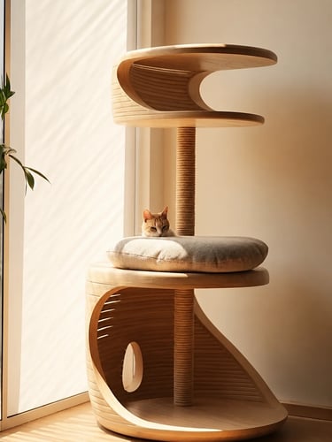 Modern wooden cat furniture with soft cushion, sisal scratching post and cat resting in a cozy sunli