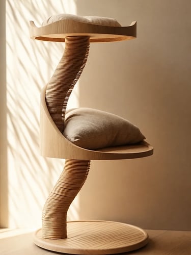 Sculptural wooden cat tree with curved sisal scratching post, soft cushions and warm minimalist home