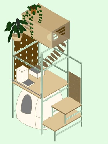Illustration of multifunctional cat furniture with storage, climbing platforms, hidden pet areas and