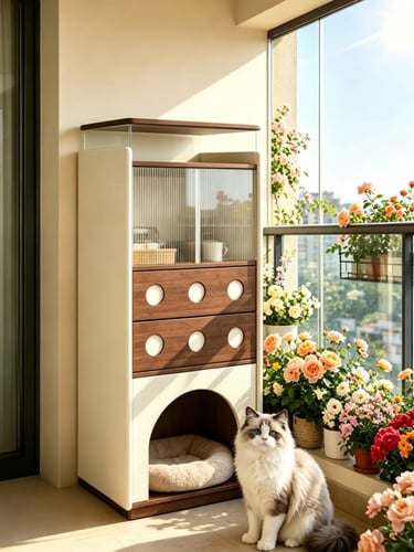 Cat cabinet placed beside a sunny window with a soft pet bed area, helping cat essentials blend into