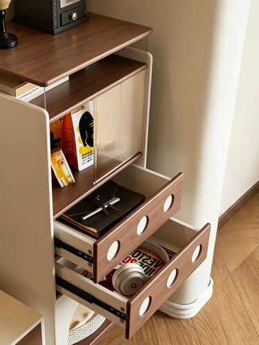 Compact cat storage cabinet with drawers and a hidden pet area, designed to organize cat essentials 