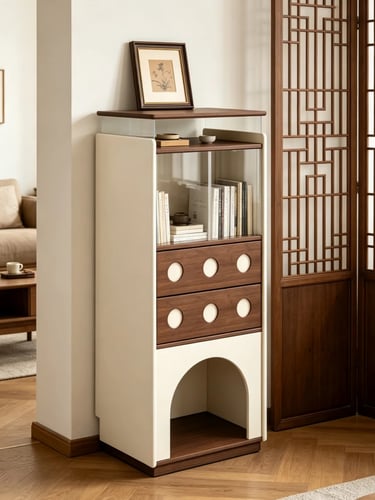 Neutral furniture-style cat cabinet with a rounded entrance, storage space and warm wood details for